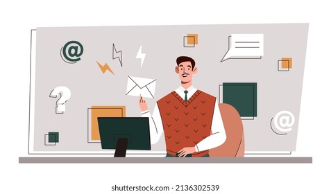 Contáctenos con el concepto. El hombre se sienta en el lugar de trabajo junto a la computadora y sostiene sobre con cartas de clientes o usuarios. Preguntas frecuentes. Servicio de soporte técnico. Dibujo vectorial plano de dibujos animados