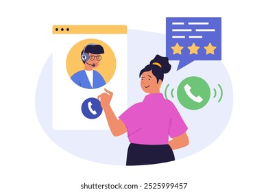 Entre em contato conosco conceito em design plano moderno para web. Mulher ligando para o suporte técnico para resolver seu problema e deixando comentários de feedback com classificação e satisfação do usuário. Ilustração vetorial.