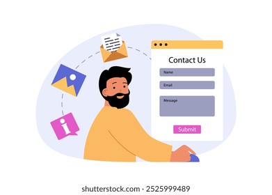 Contact us concept in modern flat design for web. Man has problem and questions, filling online form and sending email letter to support center for finding solution and help. Vector illustration.