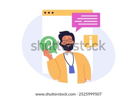 Contact us concept in modern flat design for web. Man chatting online with operator of support center, getting advice and information, finding solutions for his questions in info. Vector illustration.