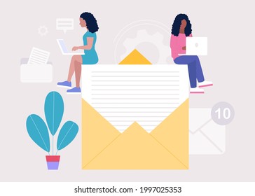 Contact us concept. People with laptops work on a big letter.
Vector icon for website information. Colorful flat illustration