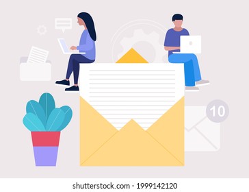 Contact us concept. People with laptops work on a big letter.
Vector icon for website information. Colorful flat illustration