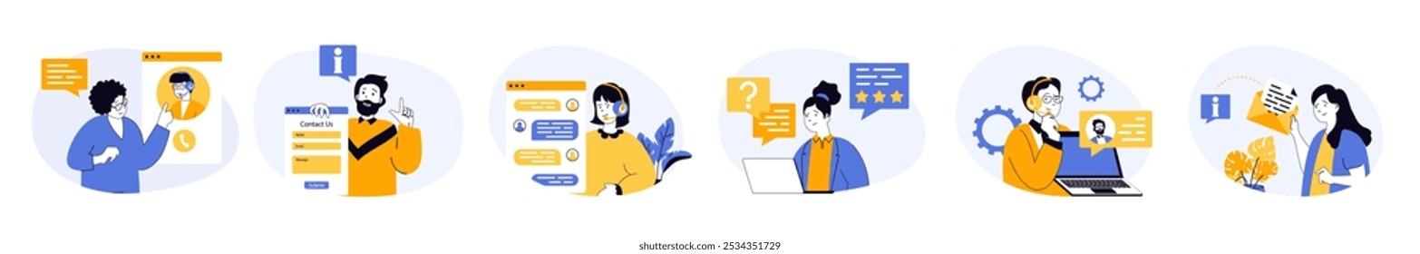 Contact us concept set with characters in flat design for web. People working in client support service, answering in online chat and calls, helping and supporting customers. Vector illustrations.