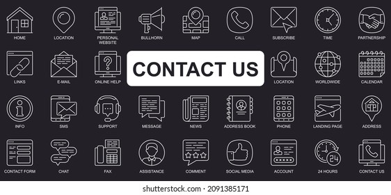 Contact us concept simple line icons set. Bundle of location, subscribe, partnership, link, email, online help, info, support and other. Vector pack outline symbols for website or mobile app design