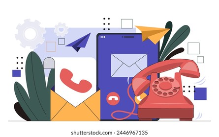 Contáctenos concepto. Asistencia para clientes y respuestas a Preguntas frecuentes. Guía y manual para usuarios. Contactos de la empresa. Cartel o Anuncio para el Sitio web. Ilustración vectorial plana de dibujos animados