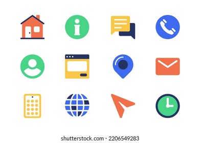 Kontaktieren Sie uns Konzept der Web-Symbole in einfachem flachen Design. Paket mit Startseite, Infos, Chat, Anruf, Profil, Standortverfolgung, E-Mail, Internet, Kalender, Uhr und anderen.Vektorpiktogramme für mobile App