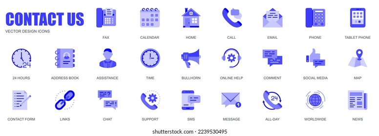 Contáctenos con el concepto de iconos web establecidos en un diseño plano simple. Paquete de fax, calendario, casa, llamada, correo electrónico, teléfono, 24 horas, libreta de direcciones, soporte, bullhorn y otros. Pictogramas azul vectorial para aplicación móvil