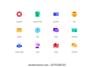 Contáctenos con el concepto de iconos web establecidos en el diseño plano de color. Paquete de asistencia, agenda telefónica, cuenta, fax, correo electrónico, información, chat, online, ayuda, sms, mapa, comentarios y otros. Pictogramas vectoriales para aplicación móvil