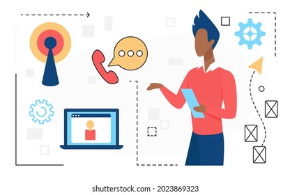 Contact us concept, website hotline service vector illustration. Cartoon customer character holding mobile phone to contact web support helpdesk, laptop email telephone line icons isolated on white background.