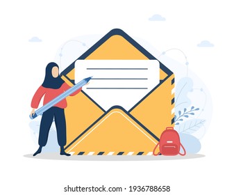 Contáctenos con el concepto. Joven árabe con hijab y lápiz rellena el formulario de comentarios de los clientes en línea. Ilustración vectorial al estilo de las caricaturas planas.