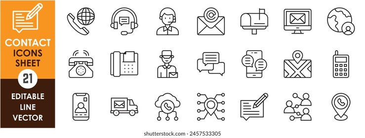 Contáctenos. Conjunto de iconos relacionados con el Servicio al cliente. Iconos de línea con contacto, correo, fax, ubicación, texto, comentario, etc. Conjunto de iconos de esquema.