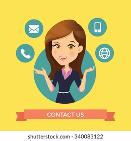 Contact us and Customer service With Woman Character  Vector Illustration. 