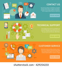 Contact us customer support banners of online and offline technical and other support services flat vector illustration