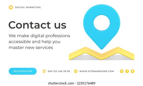 Contact us customer support digital service location address map pin social media banner 3d icon vector illustration. Hotline mail connection corporate network feedback help consulting information