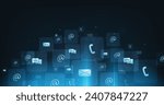 Contact us or the Customer support hotline connect. call center service provider concept, advice to customer help, and support services are digital on a dark blue background.	