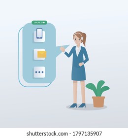 CONTACT US (Customer Support Hotline people CONNECT ),operator with headset,online services 24 hours,mobilephone,mail,message in box,Vector illustration.