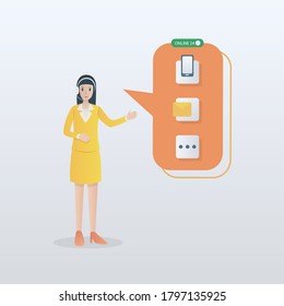 CONTACTO CON NOSOTROS (personas de la línea de asistencia al cliente CONECTAR ), operador con auriculares, servicios en línea las 24 horas, teléfono móvil, correo, mensaje en caja,Ilustración vectorial.