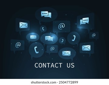 Contact us or the Customer support hotline connect. call center service provider concept, advice to customer help, and support services are digital on a dark blue background.	