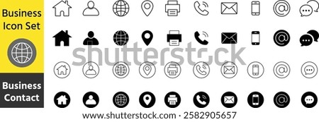 Contact Us design template. Business card icon set.  Editable stroke sign pack. Contains icons - name, phone, location, website, address, mail, email, office, mobile, and chat symbol