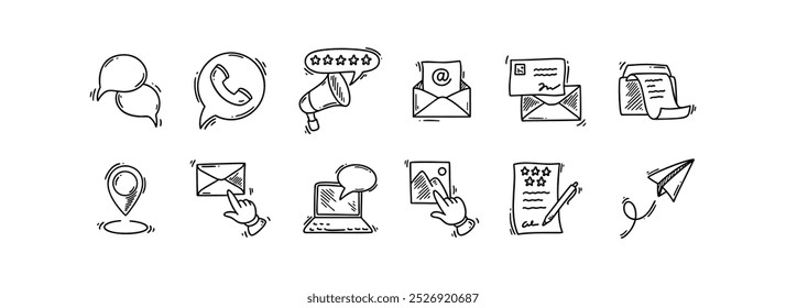 Contact us doodle icons set. Business communication sketch hand drawn vector illustration. Phone, messaging, fax, location, mail, client survey, review, subscription, follow social media