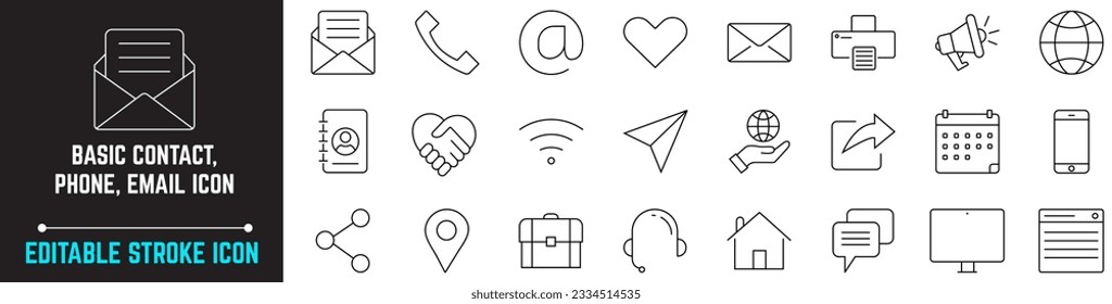 Contact Us Editable Stroke Line Icons Set. Icons includes Customer Care, Email, Chat, Call, Contact, Email, Message, Message Symbol, Website Button and more, Set Contact Us Icon simple line style