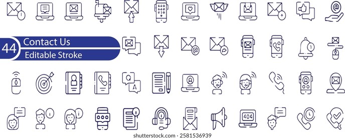 Contact Us editable stroke outline Icons set. Call us, email, website, phone, calendar, support, message, info and chat and more.