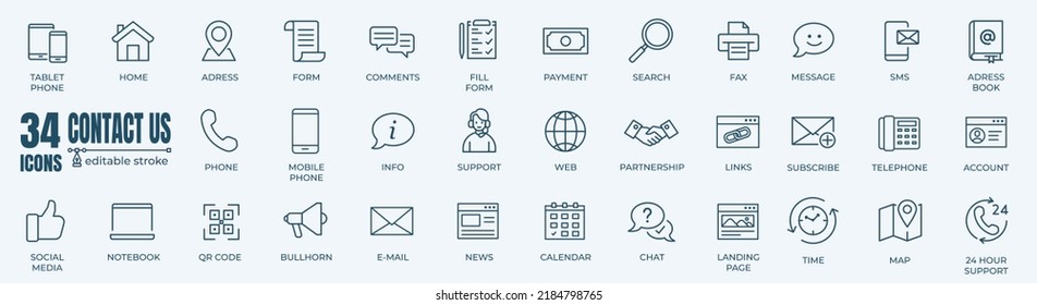 Contact us editable stroke pictogram and minimal thin line web icon set. Outline icons collection. Simple vector illustration