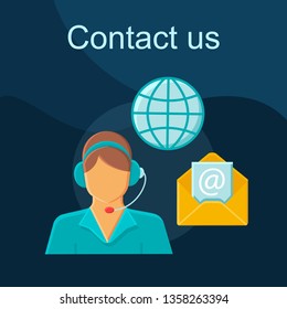 Contact us flat concept vector icon. Global helpdesk idea cartoon color illustrations set. Customer support service. Call center operator. Helpline. Phone tech desk. Isolated graphic design element