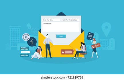 Contact us. Flat design business people concept. Vector illustration concept for web banner, business presentation, advertising material.