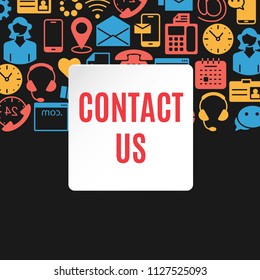 Contact us flat set. Poster of technical support call center assistant woman with color icons set. Flat style design vector illustration. Vector Background.