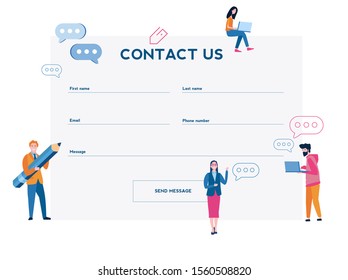 Contact us form with business people concept, pencil, chat bubble, company information page. website and mobile development.  