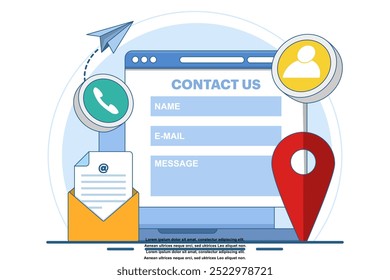 Concepto de formulario en la ilustración plana de la pantalla del ordenador portátil para el Anuncio del Web, App móvil, página de destino, presentación del negocio, Anuncio del Sitio web, Asistencia al cliente, Servicio al cliente, Asistencia en línea, ayuda.
