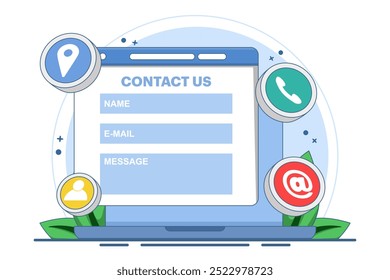 Contact Us form concept on laptop screen flat illustration for web banner, mobile app, landing page, business presentation, website banner, Customer Support, customer service, online support, help.