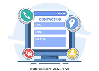 Contact Us form concept on laptop screen flat illustration for web banner, mobile app, landing page, business presentation, website banner, Customer Support, customer service, online support, help.