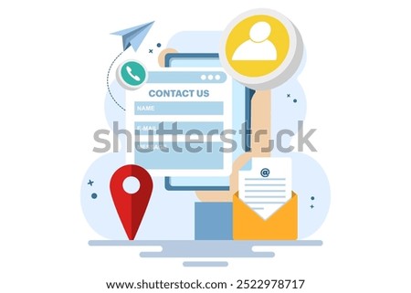 Contact Us form concept on laptop screen flat illustration for web banner, mobile app, landing page, business presentation, website banner, Customer Support, customer service, online support, help.