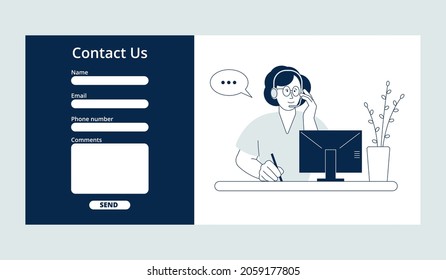 Contact Us Form. Customer Service Page, Online Support And Find Solutions. Helpdesk, Call Center Operator In Headphone On Laptop, Recent Vector Banner