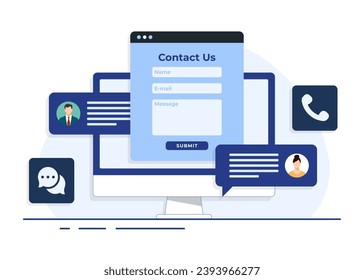 Contact us form on desktop screen flat illustration for web banner, mobile app, business presentation, advertising material, Customer support, customer service, online support, help desk