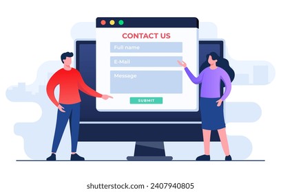 Contact Us form on desktop screen flat illustration for web banner, mobile app, landing page, business presentation, website banner, Customer support, customer service, online support, help desk