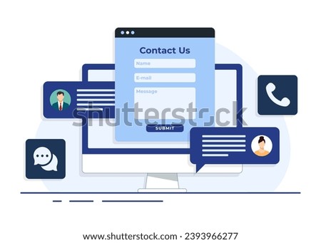 Contact us form on desktop screen flat illustration for web banner, mobile app, business presentation, advertising material, Customer support, customer service, online support, help desk