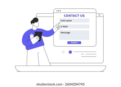 Contact Us form on laptop screen banner, mobile app, landing page, business presentation. Customer support, customer service, online support, help desk. Flat Cartoon Vector Illustration, icon. Stylish