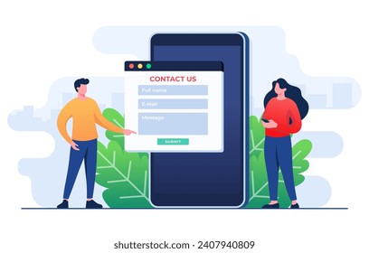 Contact Us form on smartphone screen flat illustration for web banner, mobile app, landing page, business presentation, website banner, Customer support, customer service, online support, help desk