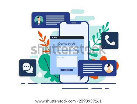 Contact us form on smartphone screen with message bubbles flat illustration for web banner, mobile app, business presentation, advertising material, Customer support, customer service, online support,
