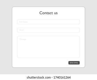 Contact us form. Template for feedback email. Mockup with blank name, email and message fields. Empty editable frame for support contact. Send button. Contact or feedback interface. EPS 10.