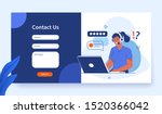Contact Us Form Template for Web and Landing Page. Female Customer Service Agent with Headsets Talking with Client. Online Customer Support and Helpdesk Concept. Flat Cartoon Vector Illustration.
