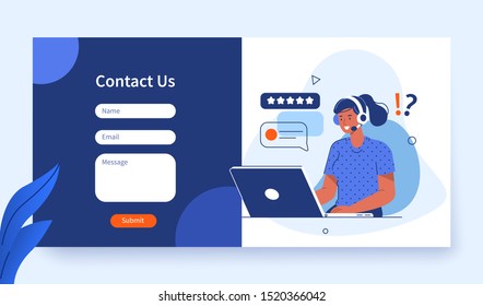 Contact Us Form Template for Web and Landing Page. Female Customer Service Agent with Headsets Talking with Client. Online Customer Support and Helpdesk Concept. Flat Cartoon Vector Illustration.
