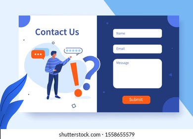 Contact Us Form Template for Web and Landing Page. Male Customer Service Agent Talking with Client and Suggest Help. Online Customer Support and Helpdesk Concept. Flat Cartoon Vector Illustration.