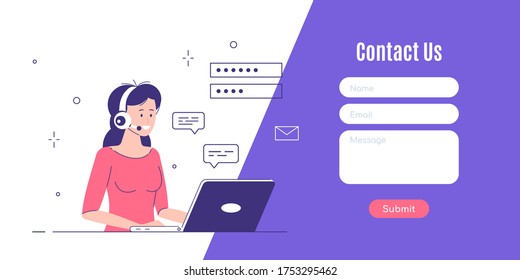 Contact Us Form Template for Web and Landing Page. Woman with headphones and microphone with laptop. Concept illustration for support, assistance, call center. 