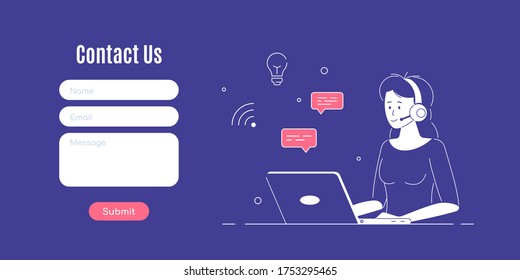 Contact Us Form Template for Web and Landing Page. Woman with headphones and microphone with laptop. Concept illustration for support, assistance, call center. 