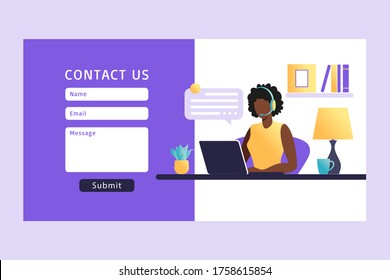 Contact Us Form Template for Web. African female Customer Service Agent with Headset Talking with Client. Landing Page. Online Customer Support . Vector Illustration. 