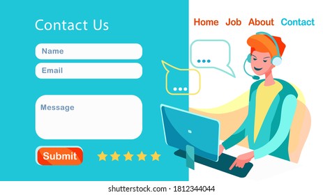 Póngase en contacto con la plantilla de formulario para Web y Landing Page. Agente de servicio al cliente masculino con audífonos hablando con el cliente. Soporte al cliente en línea y Concepto de servicio de asistencia. Ilustración de vectores de dibujos planos.